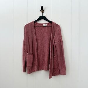 Dusty Rose Pink 100% Cotton Knit Cardigan Sweater with Patch Pockets
